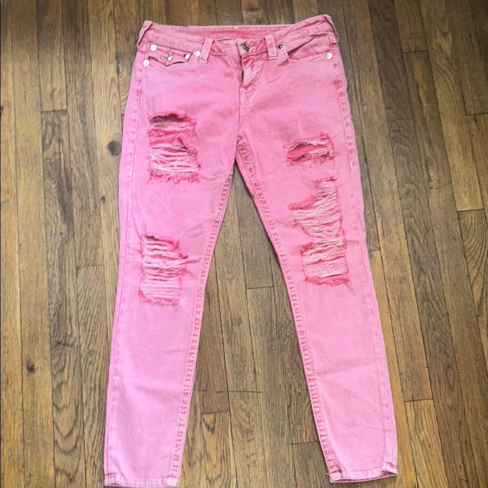 True Religion Pink Skinny Distressed Jeans